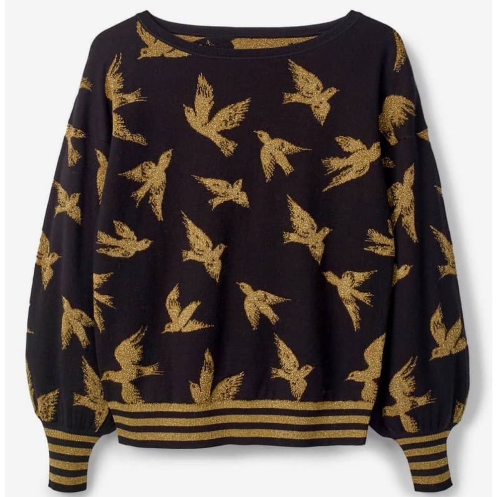 Boden Muriel Volume Sleeve Sweater in Black/Gold Birds